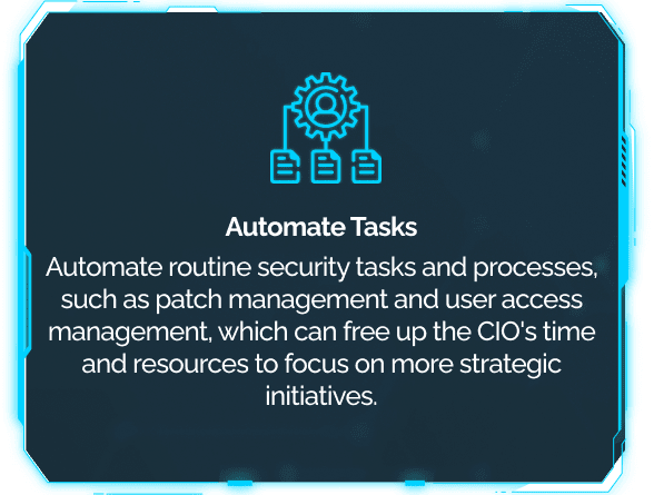This tile tells the CIO that DigitalXForce automates routine security tasks such as patch management and user access management.