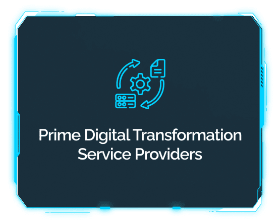 This customer tile reads Prime Digital Transformation Service Providers, with an icon of gears in a cycle.
