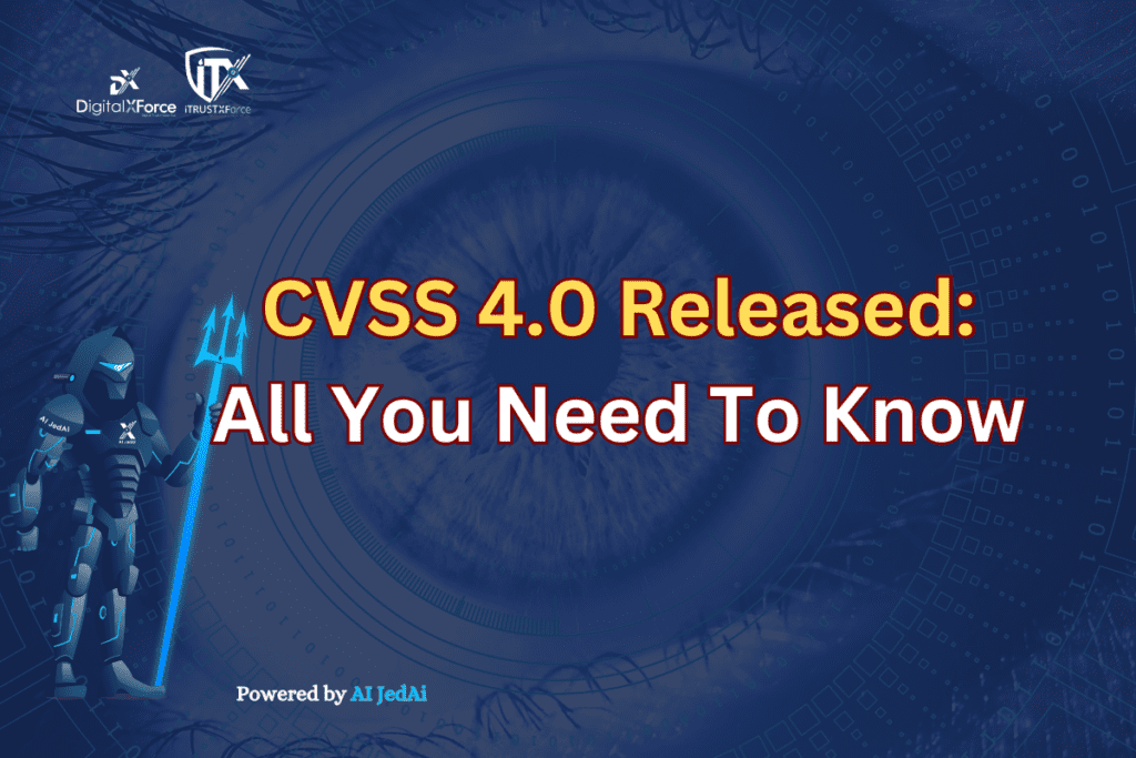 Blog banner reading CVSS 4.0 Released: All You Need To Know, with DigitalXForce branding and a robot mascot