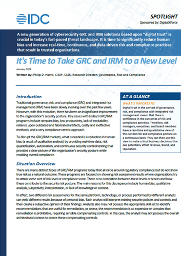 Cover of an IDC Spotlight document sponsored by DigitalXForce, titled It is Time to Take GRC and IRM to a New Level.