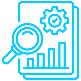 This icon shows a report with a magnifying glass, a gear and a bar chart.
