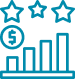 This icon shows a bar chart with stars and a dollar sign.