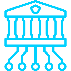 This icon shows an institution building connected to a network.