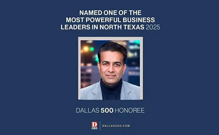 Graphic reading Named one of the most powerful business leaders in North Texas 2025, Dallas 500 Honoree, with a portrait and the D CEO logo
