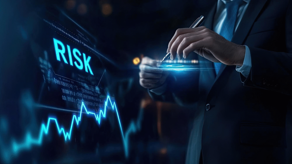 This photo shows a person touching a holographic display that reads Risk above a rising chart.