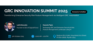 This invitation banner for the GRC Innovation Summit 2025 in Riyadh names Lalit Ahluwalia as the keynote speaker on intelligent GRC automation.