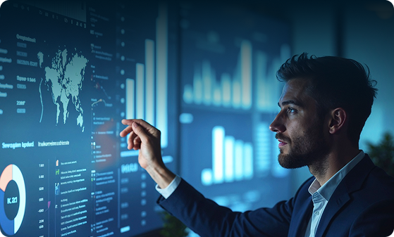 Business professional pointing at a large wall display of charts and a world map, showing enterprise risk reporting