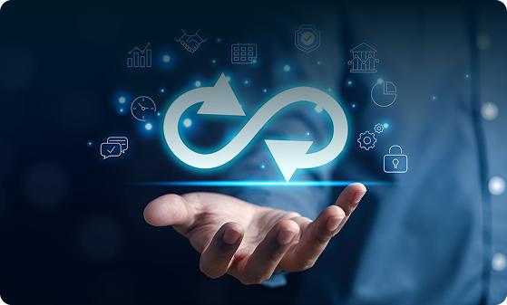 Hand holding a glowing infinity loop arrow, surrounded by small icons for charts, a bank and a lock, suggesting continuous risk management