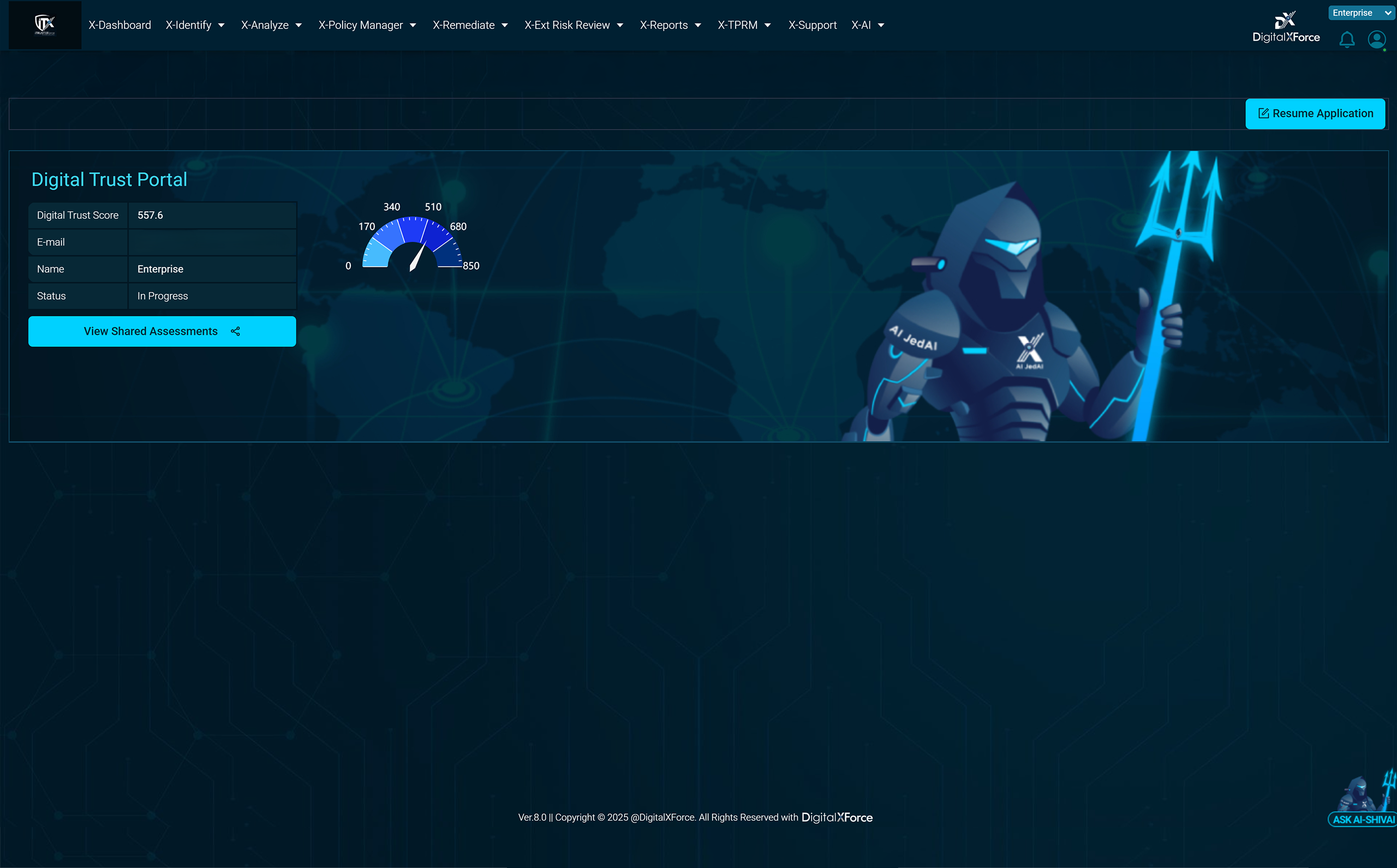 This screenshot shows the DigitalXForce Digital Trust Portal with the trust score header and the guardian figure.