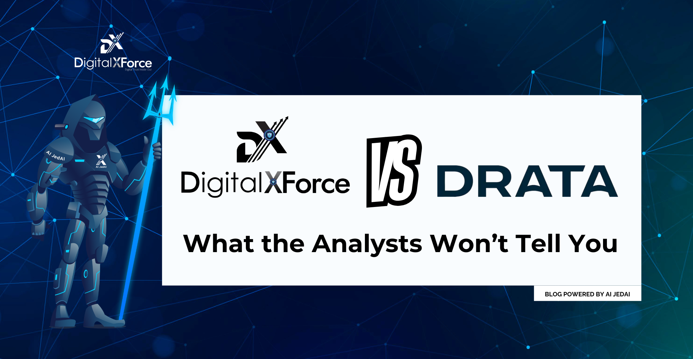 Banner for the DigitalXForce vs Drata comparison, with the AI JedAI mascot on a blue network background