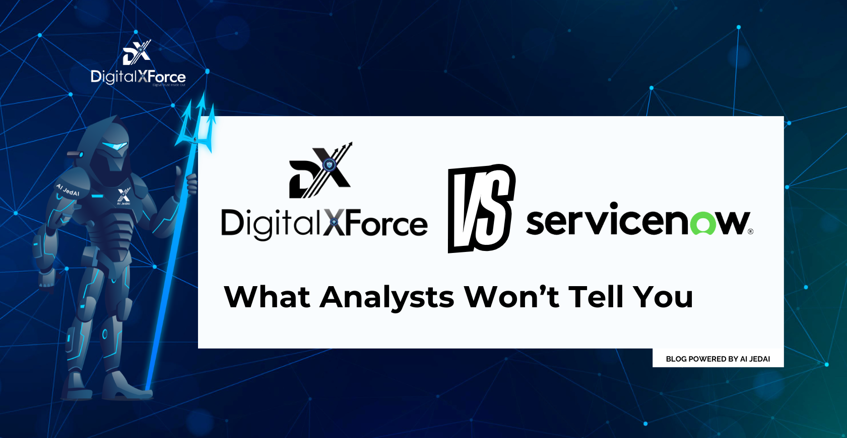 Banner for the DigitalXForce vs ServiceNow GRC comparison, with the AI JedAI and XForce GPT avatar